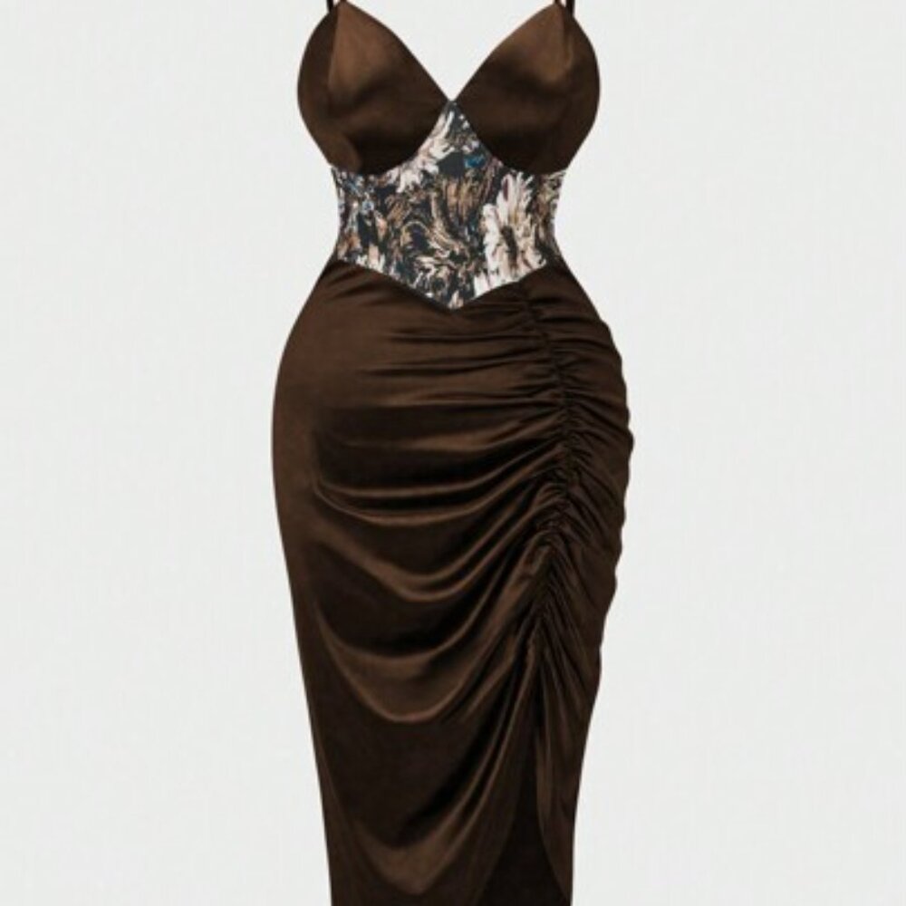 Womens Contrast Lace Ruched Bustier Cami Dress